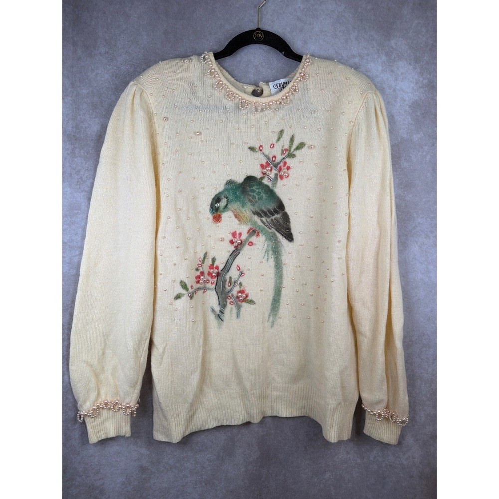 VTG 90s Cervelle Sweater XL Cream Lambswool Angora Pearl Bird Floral Parrot